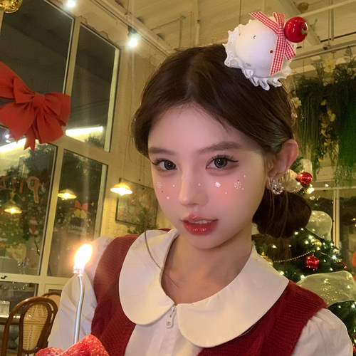 圣诞节蝴蝶结樱桃蛋糕毛绒发夹
