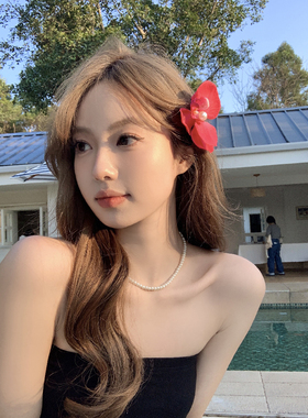 【蜜桃茶】浪漫探戈 红色蝴蝶兰花朵发夹侧边夹发卡头花拍照发饰