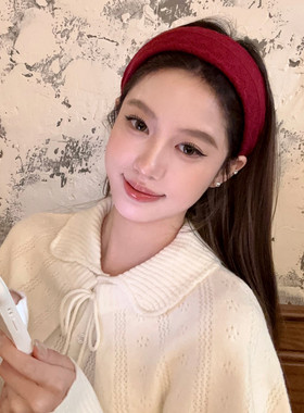 【蜜桃茶】榛果暖冬 秋冬红色毛线针织花纹宽边发箍新年外戴头箍