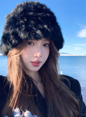 【蜜桃茶】冰川少女 冬季兔毛毛绒帽子保暖显脸小白色护耳渔夫帽
