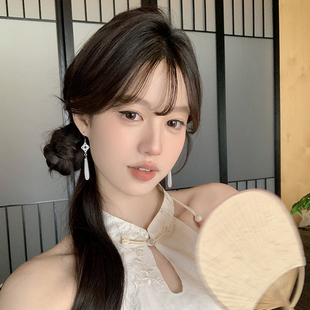 【蜜桃茶】青色烟雨 新中式国风耳环女古风流苏配旗袍方圆脸耳饰