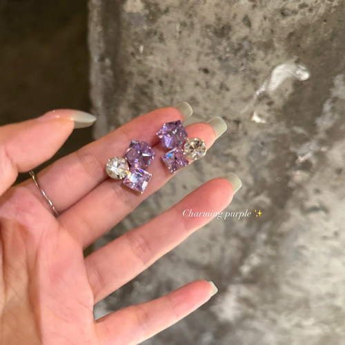 微醺清酒紫色方糖水钻耳钉