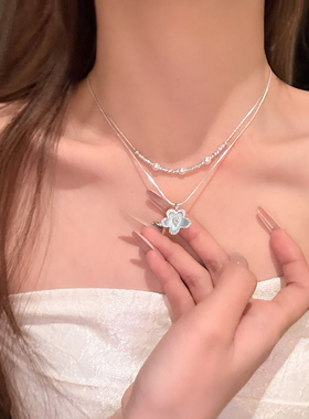 氧气蓝调闪钻小花珍珠双层项链