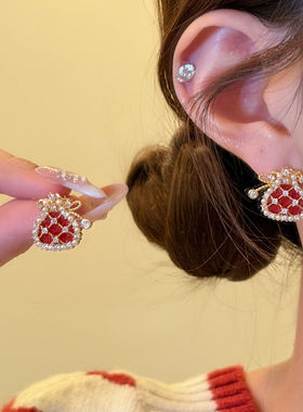 【蜜桃茶】金福临门 红色福袋闪锆珍珠耳环氛围感气质新年耳饰女