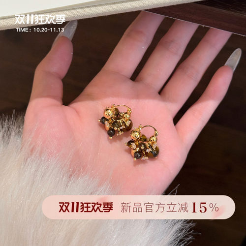 【蜜桃茶】复古check 秋冬美拉德虎眼石闪钻耳环女小众设计感耳饰