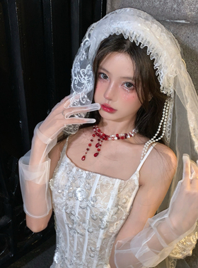 禁忌新娘 万圣节cos鬼新娘白色蕾丝头纱Lolita装扮拍照道具头饰女