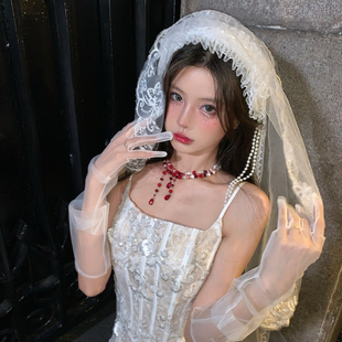禁忌新娘 万圣节cos鬼新娘白色蕾丝头纱Lolita装扮拍照道具头饰女