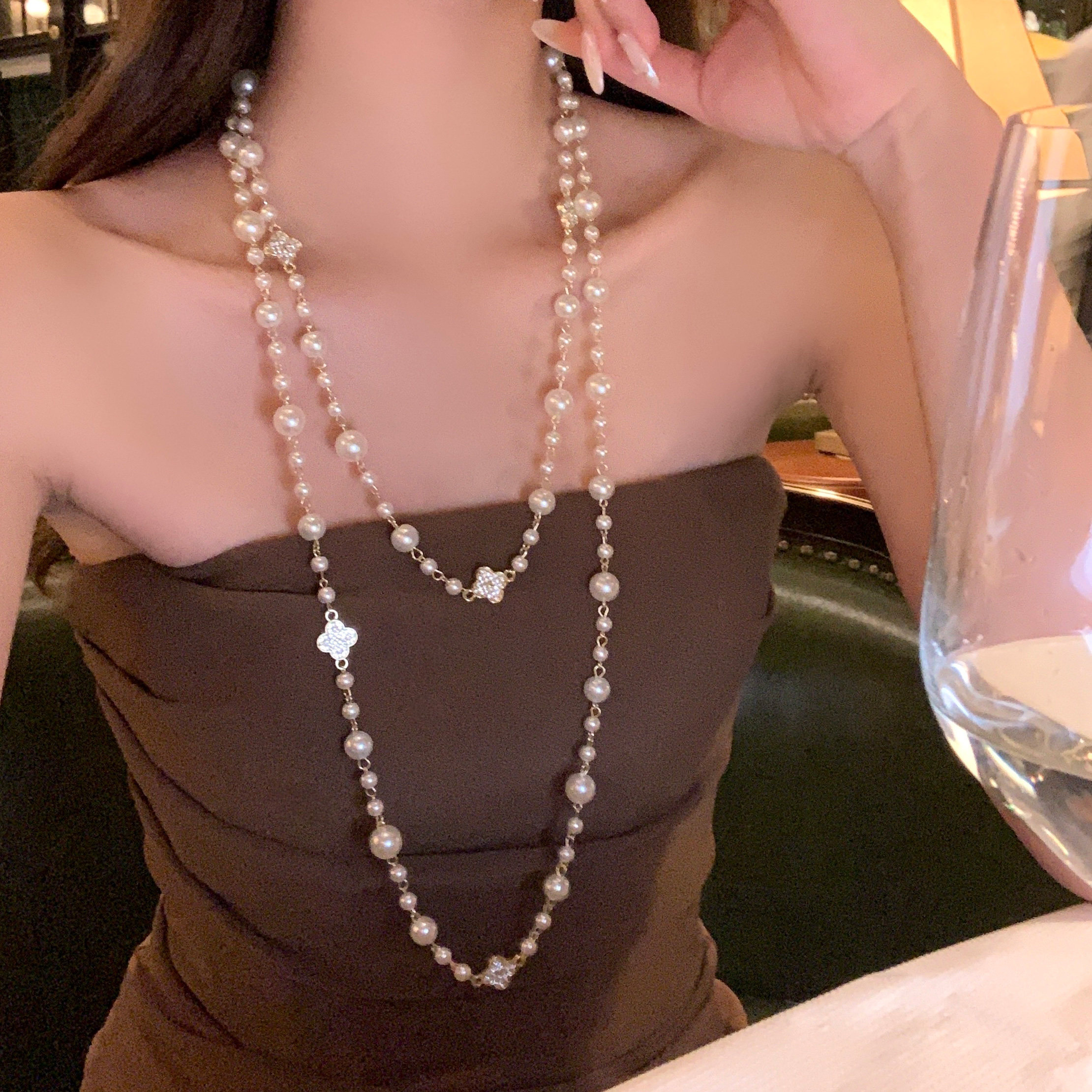 【蜜桃茶】氛围缪斯 闪锆四叶草珍珠长项链高级感叠戴晚礼服配饰,饰品/流行首饰/时尚饰品新,项链,淘宝优惠券,粉丝福利购,淘宝优惠卷