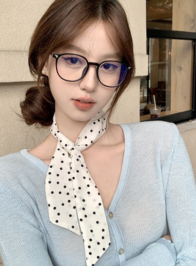 【蜜桃茶】法式波点白色丝巾系脖发带绑发女春秋长条领巾百搭丝带