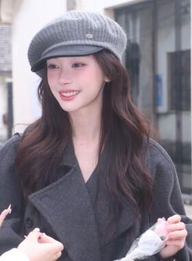 易梦玲同款针织拼接皮质贝雷帽女秋冬季韩版显脸小鸭舌帽画家帽子