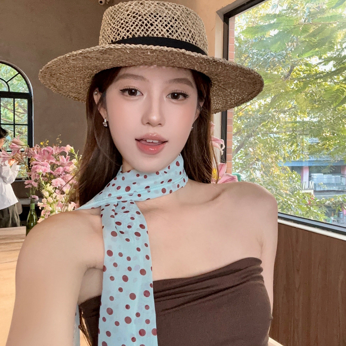 【蜜桃茶】韩系波点蓝色印花丝巾系脖女2026新款独特漂亮长条发带