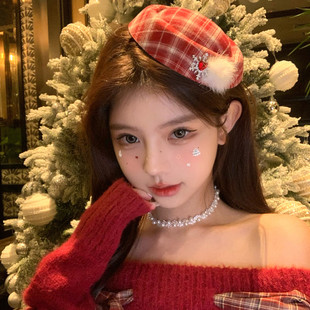 【蜜桃茶】甜心日记 红色新年氛围感雪花毛球小礼帽发夹穿搭头饰