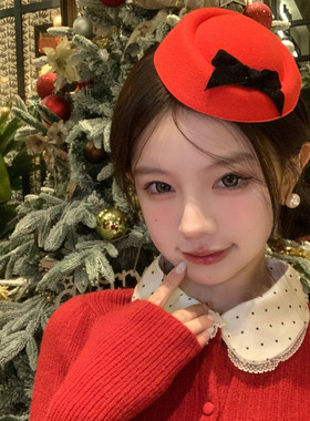 【蜜桃茶】明媚小公主 红色新年蝴蝶结小礼帽发夹头饰氛围感头饰