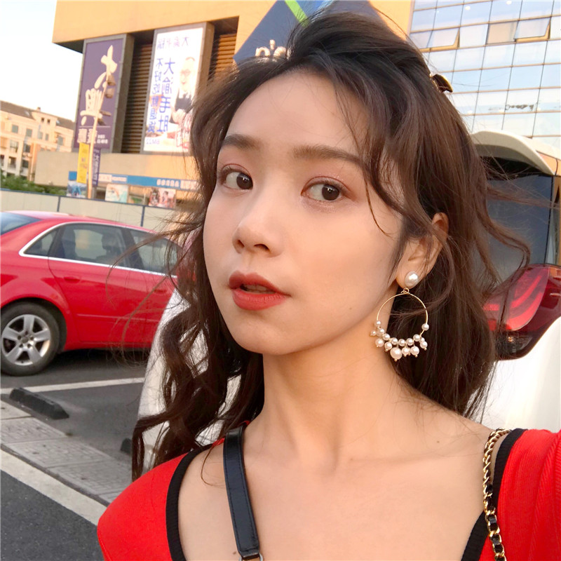 小眾優雅圓環時尚珍珠耳環女氣質韓國個性百搭串珠長款耳釘E089