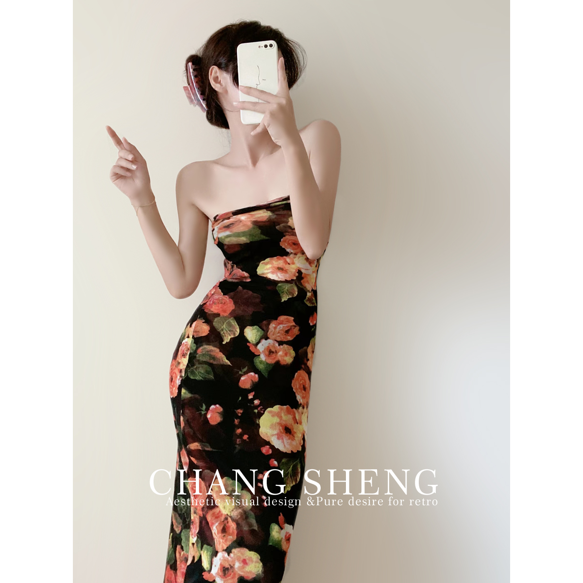 CHANGSHENG 黄昏玫瑰 弹力油画风性感裹胸抹胸夏季双层网纱连衣裙