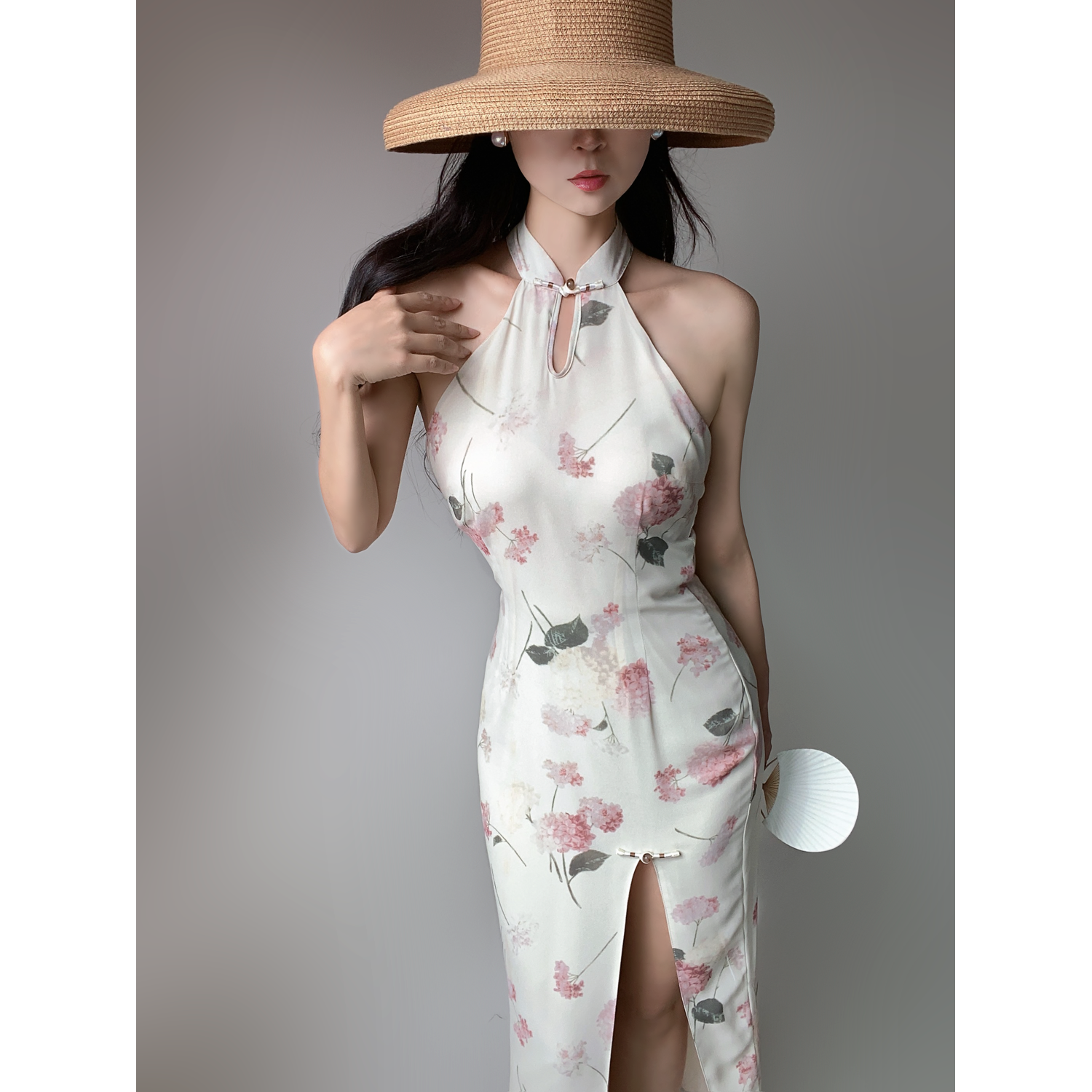 国风一步裙雪纺印花旗袍连衣裙