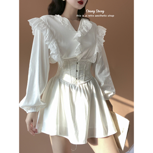 CHANGSHENG 白茶初恋 木耳花边清纯法式白色衬衫裙女鱼骨束腰套装