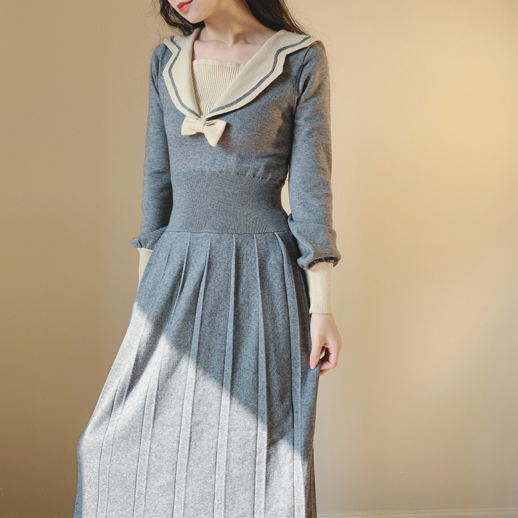 水手服海军领兔绒毛针织连衣裙