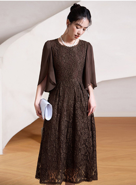 蕾丝连衣裙子秋季2024新款长裙子雪纺拼接中袖长款小礼服裙88530