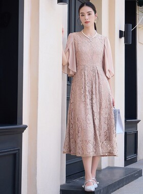 优雅蕾丝连衣裙长裙子女士修身 显瘦雪纺拼接圆领长款小礼服88530