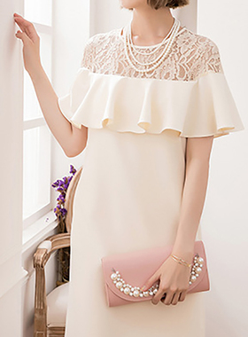 夏季蕾丝拼接短袖连衣裙子女士宽松显瘦裙子气质宴会礼服裙88188