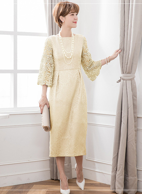 新款气质连衣裙子女春秋天通勤高腰圆领长裙夏季韩版小礼服88218