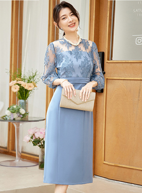 新款拼接连衣裙女士夏季蕾丝长裙子春秋气质优雅显瘦小礼服88602