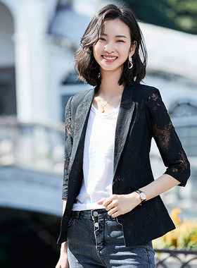 黑色蕾丝短款西装外套女春夏薄款
