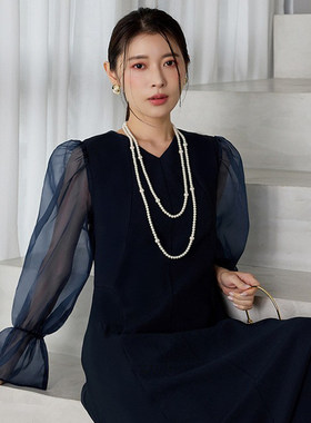 V领连衣裙女2026新款夏长袖连身裙女装长裙春秋季收腰小礼服88822