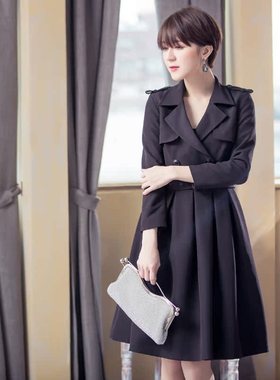西装领长袖连衣裙子女士显瘦小黑裙A字裙子春秋季短裙内搭裙88052