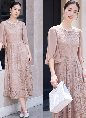2024新款夏季蕾丝连衣裙长裙子女士雪纺拼接圆领长款小礼服88530