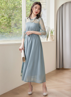 新款夏季雪纺连衣裙中长裙子女春秋气质拼接蕾丝小礼服长款88532