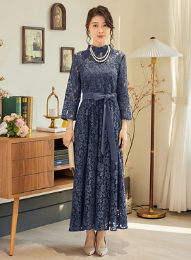 蕾丝连衣裙女立领套头长裙优雅气质显瘦高腰平时可穿小礼服88608