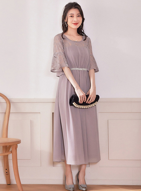 女装连衣裙子女士夏季雪纺裙拼接蕾丝长裙子晚宴会小礼服裙88536