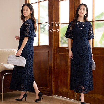 新款气质收腰圆领蕾丝短袖连衣裙子女士秋季裙子拼接长裙子88698