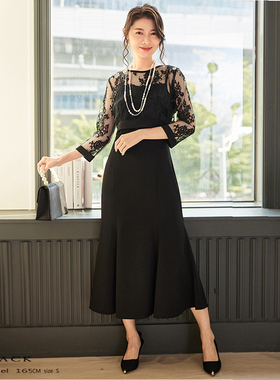 夏季蕾丝拼接连衣裙鱼尾裙假两件套裙小礼服女春秋天长裙子88606