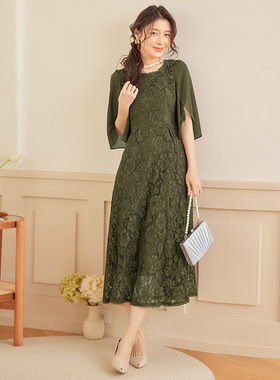 夏季拼接雪纺蕾丝连衣裙女圆领高腰中长裙子平时可穿小礼服88530
