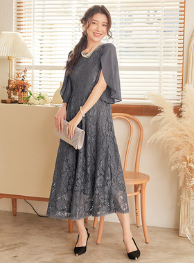 新款夏季拼接蕾丝连衣裙女圆领雪纺中长裙子平时可穿小礼服88530