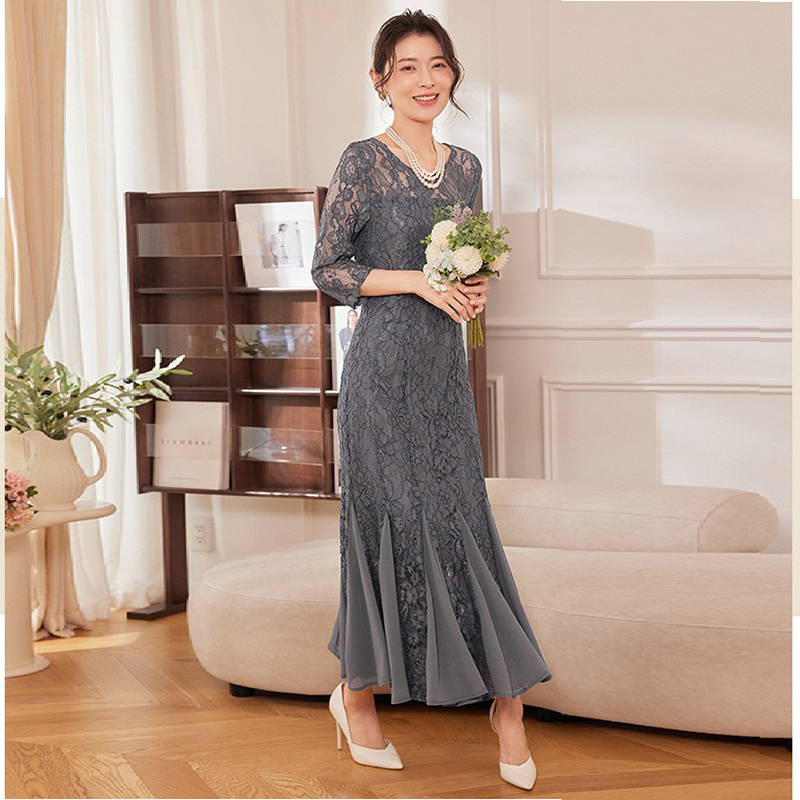 新款雪纺长裙子女蕾丝圆领长款鱼尾拼接连衣裙婚宴会小礼服88616