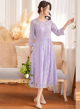 夏季蕾丝连衣裙子女士春秋季显瘦中长裙中长款小礼服裙洋装88572