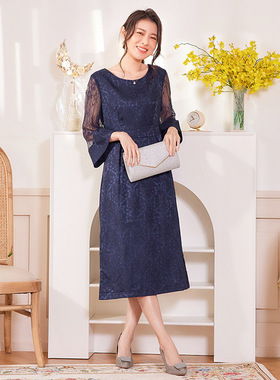 韩版连衣裙2023年新款夏季蕾丝高腰圆领中长礼服女春秋裙子88330