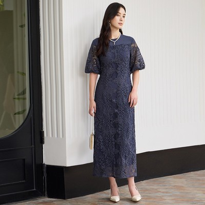 2025新款气质圆领蕾丝连衣裙子女士秋季裙子拼接长款长裙子88698