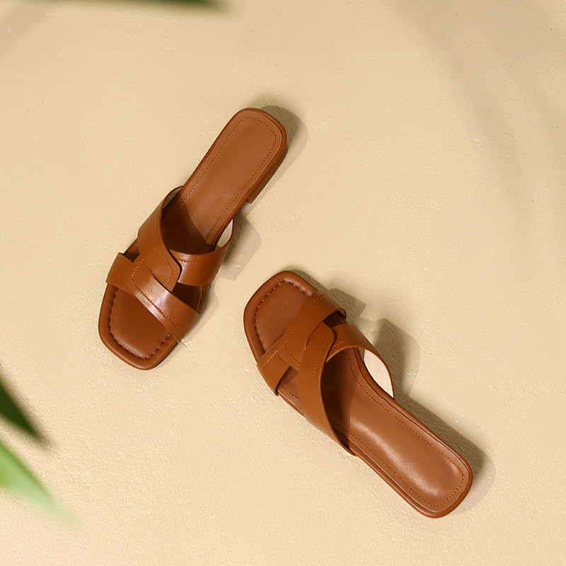 小苏苏法式复古拖鞋女夏外穿时尚百搭交叉带室外舒适低跟真皮凉拖