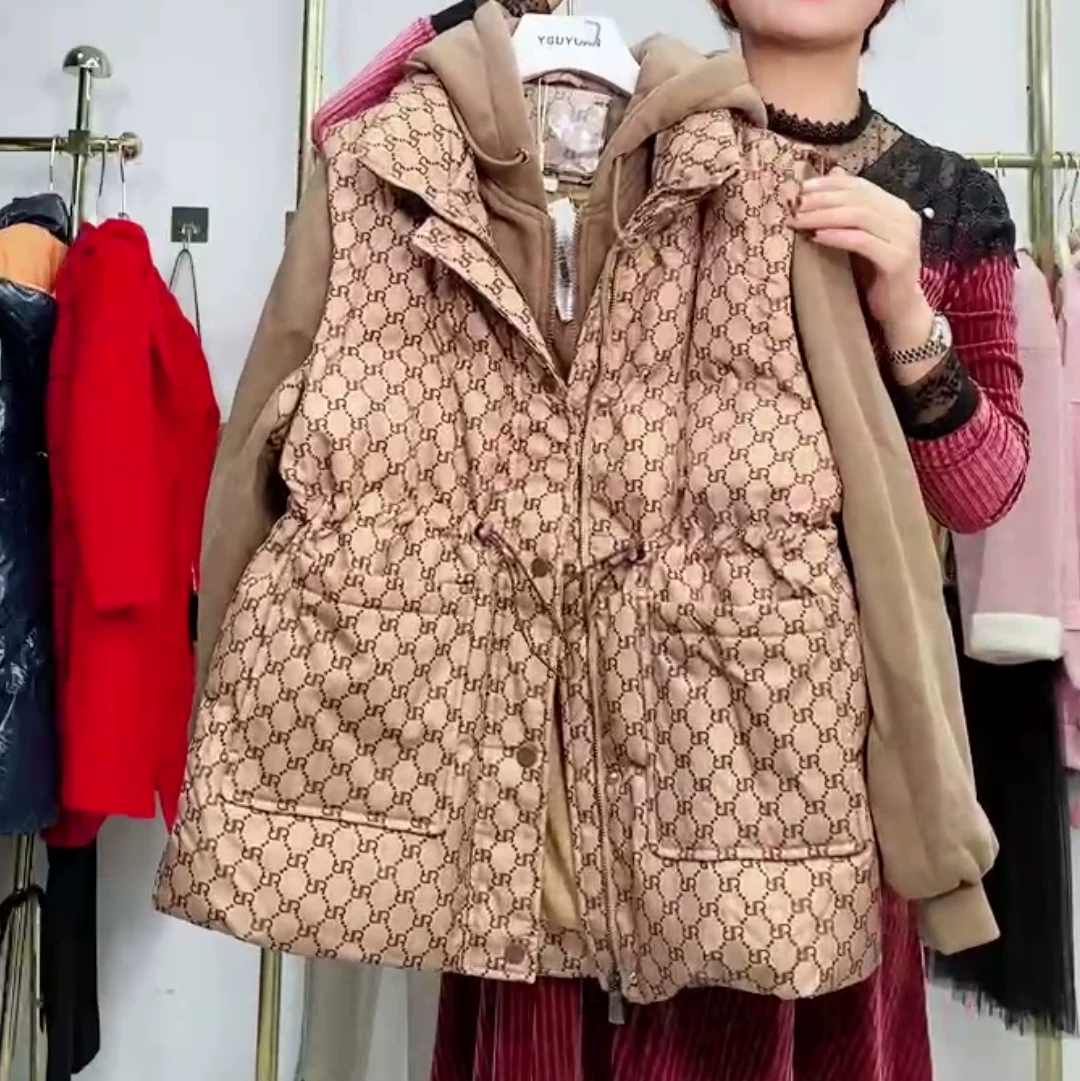 假两件加厚白鸭绒羽绒马甲女拼接加绒卫衣连帽品牌专柜收腰中长款