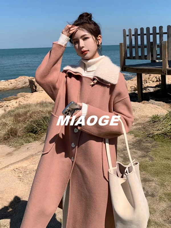 意法货 女士潮韩夹棉针织领牛角扣混纺毛呢大衣大版外套领子可拆