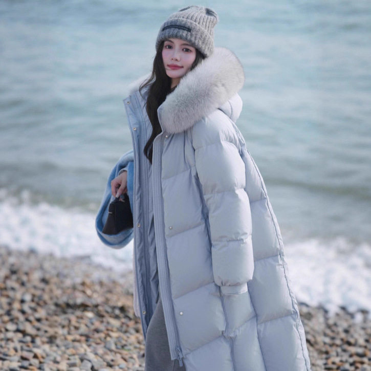 来此购 女士鹅绒羽绒服大毛领2025冬季新款白色长款加厚三防大衣