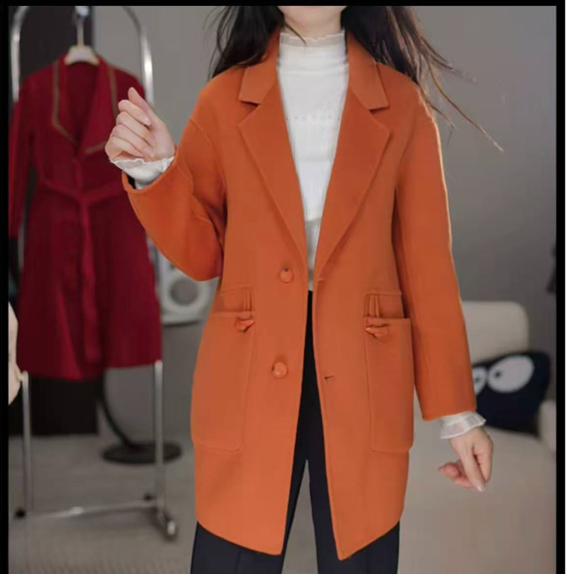 来此购 女士秋冬时尚洋气西服领休闲宽松潮流百搭双面呢外套大衣