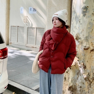 来此购y674围巾领短款羽绒服女冬季轻薄白鸭绒韩系宽松小个子外套