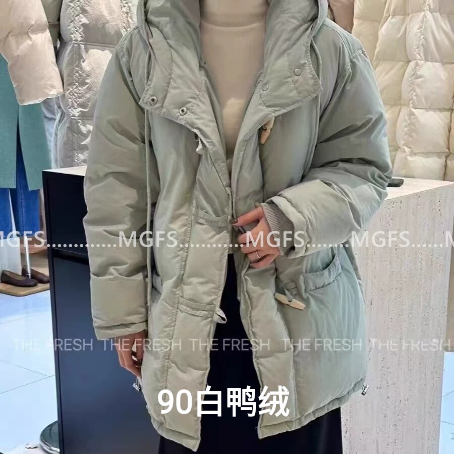 来此购 522女士韩范儿牛角扣潮流时尚中长款连帽外套加厚保暖加厚