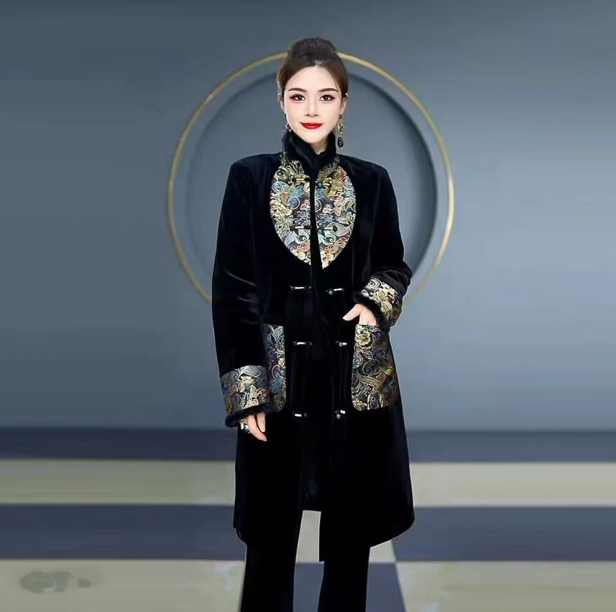 来此购 女士2025新款新中式国风丝绒夹棉外套时尚女复古洋气棉服